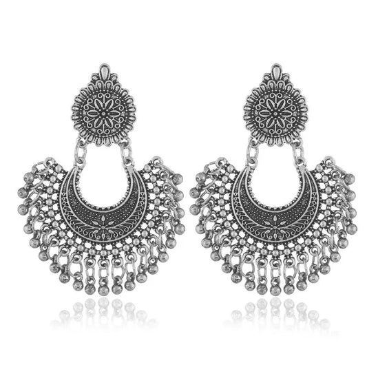 Indian Jhumka Earrings Jewelry Ethnic Retro Antique Silver Color Alloy Carved Beads Tassel Earrings For Women Daily Accessories Velora