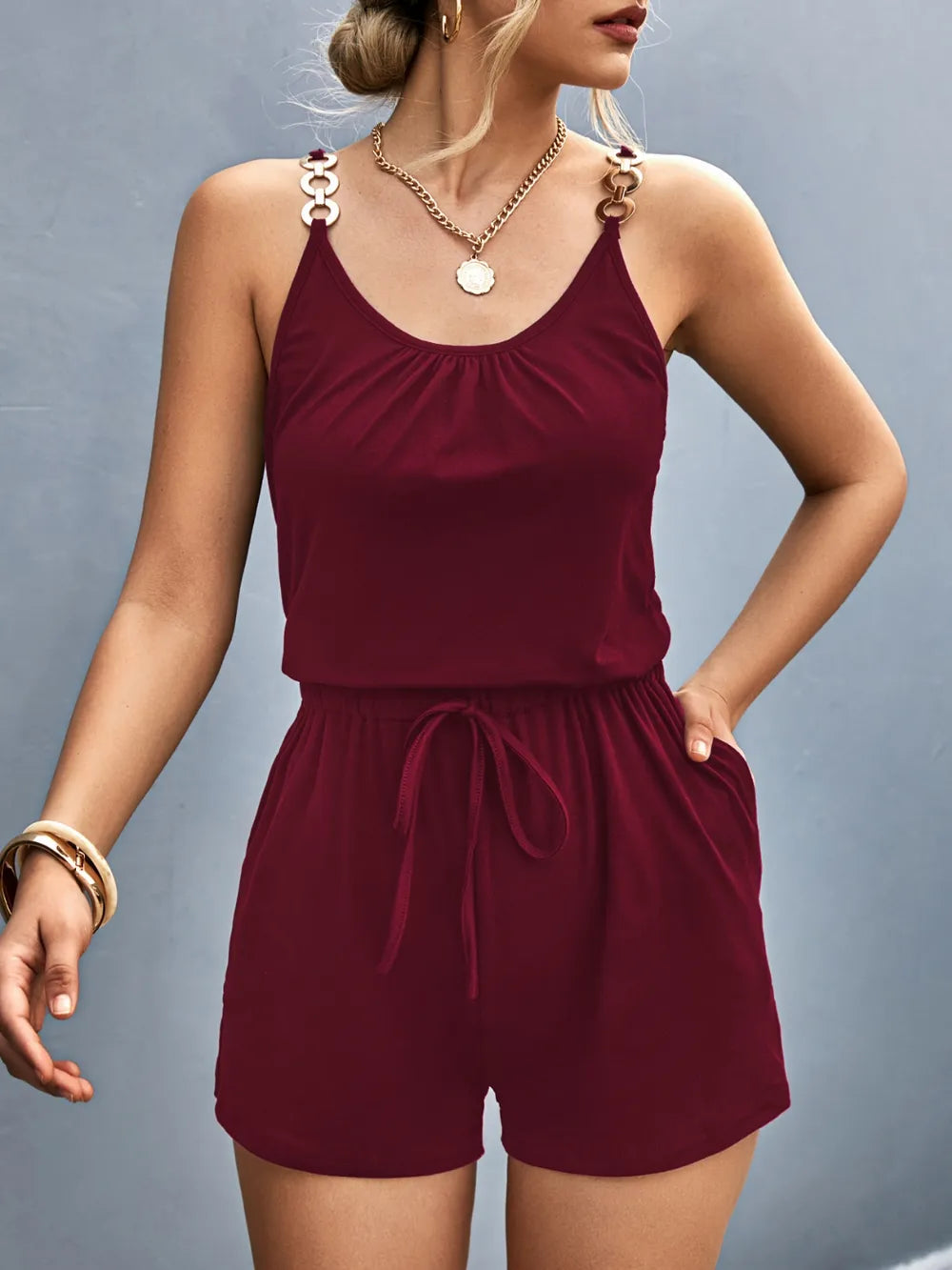 Scoop Neck Romper with Pockets - Velora Luxury Fashion