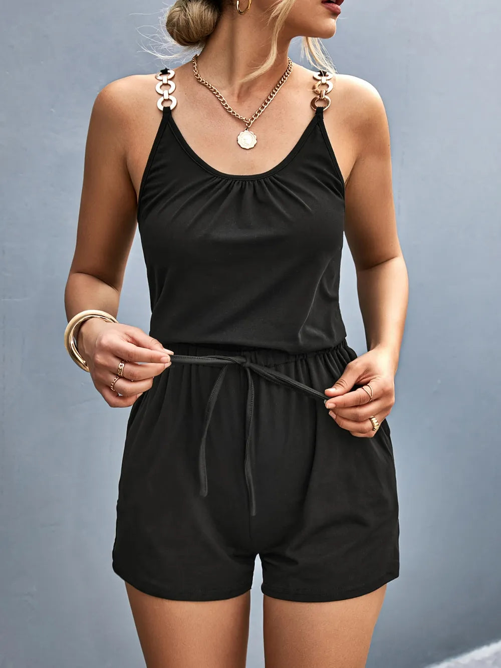Scoop Neck Romper with Pockets - Velora Luxury Fashion