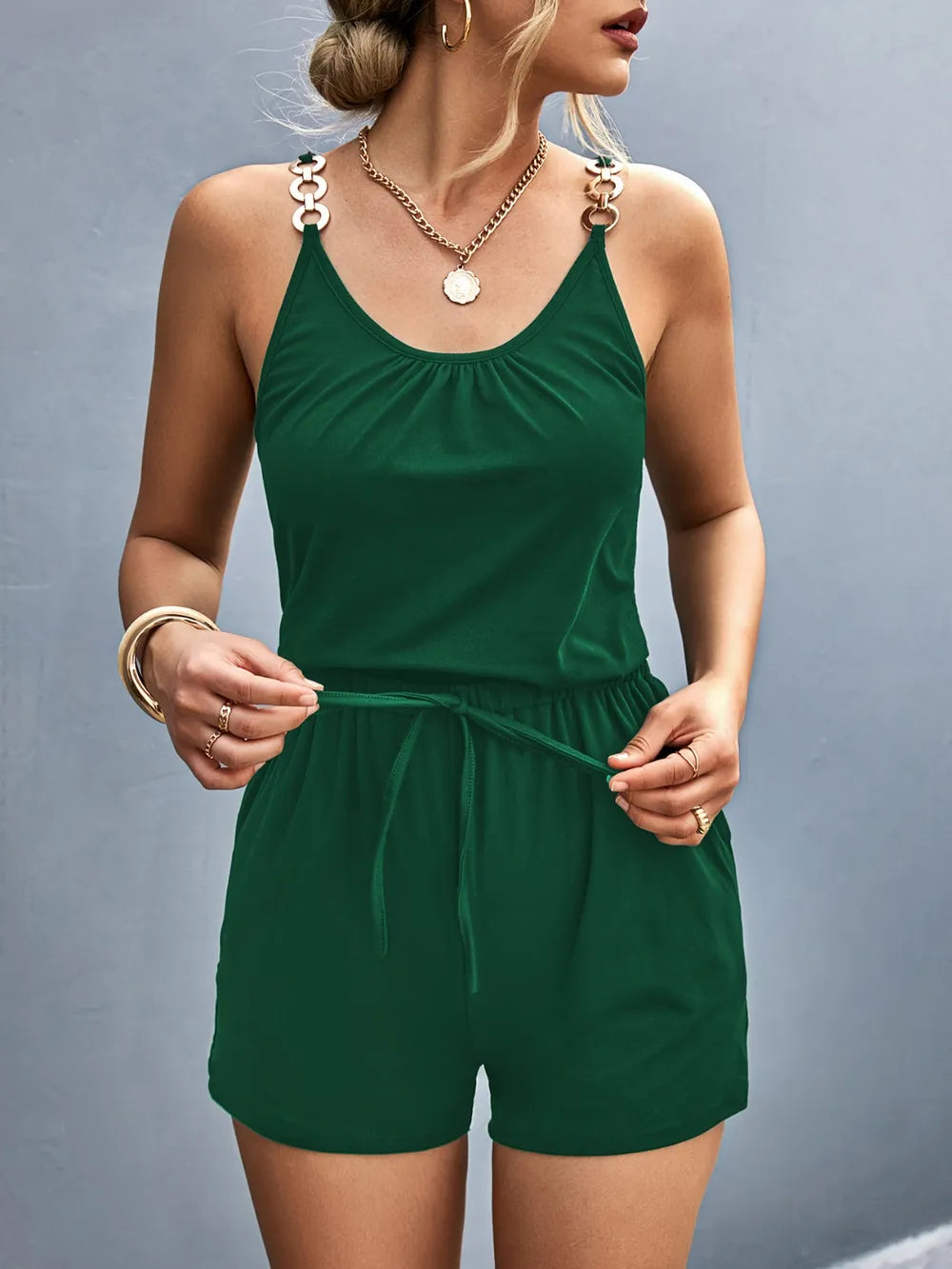 Scoop Neck Romper with Pockets - Velora Luxury Fashion