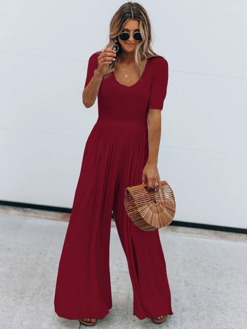 Scoop Neck Short Sleeve Jumpsuit - Velora Luxury Fashion