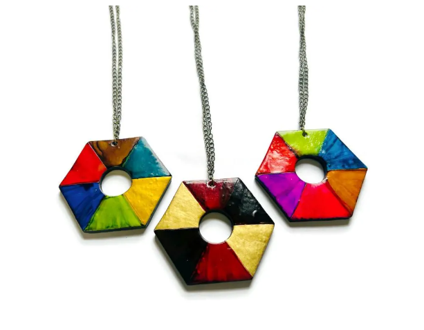 Colorful Chunky Hexagon Pendant Necklace Handmade - Velora Luxury Fashion