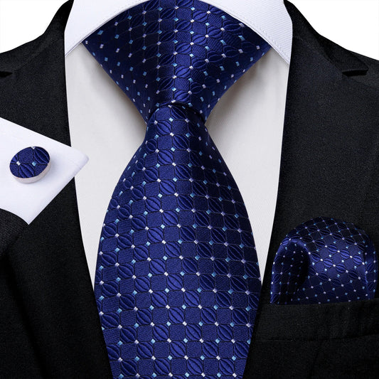 Blue Royal Dot Pliad Mens Tie set with Silver Clip and Ring Business Wedding Party Accessories 8cm Necktie Handkerchief Cufflink - Velora