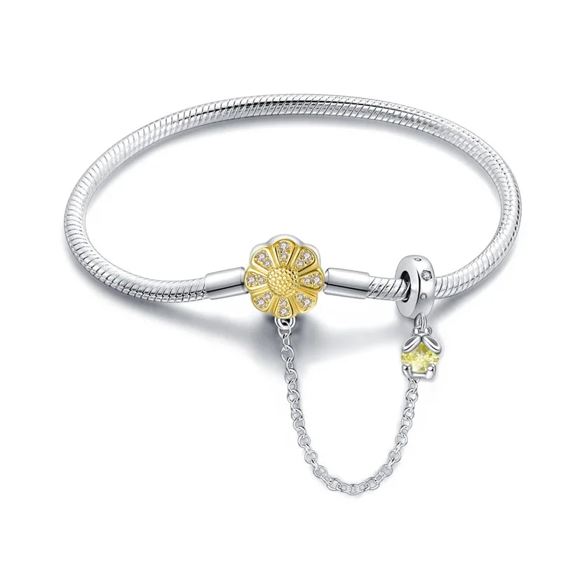 Radiant Daisy Sterling Silver Charm Bracelet With Dangling Chain - Velora