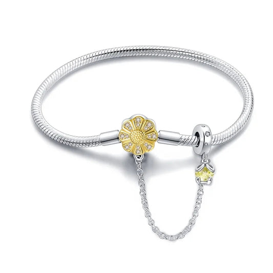 Radiant Daisy Sterling Silver Charm Bracelet With Dangling Chain - Velora