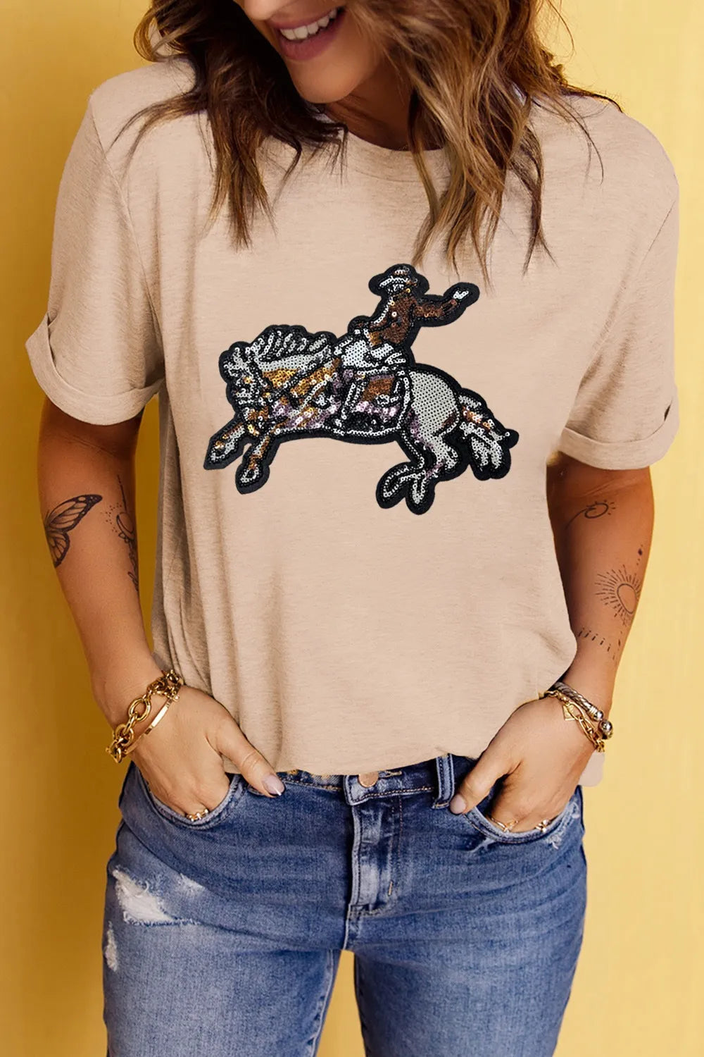 Sequin Rodeo Graphic Crewneck Tee - Velora Luxury Fashion