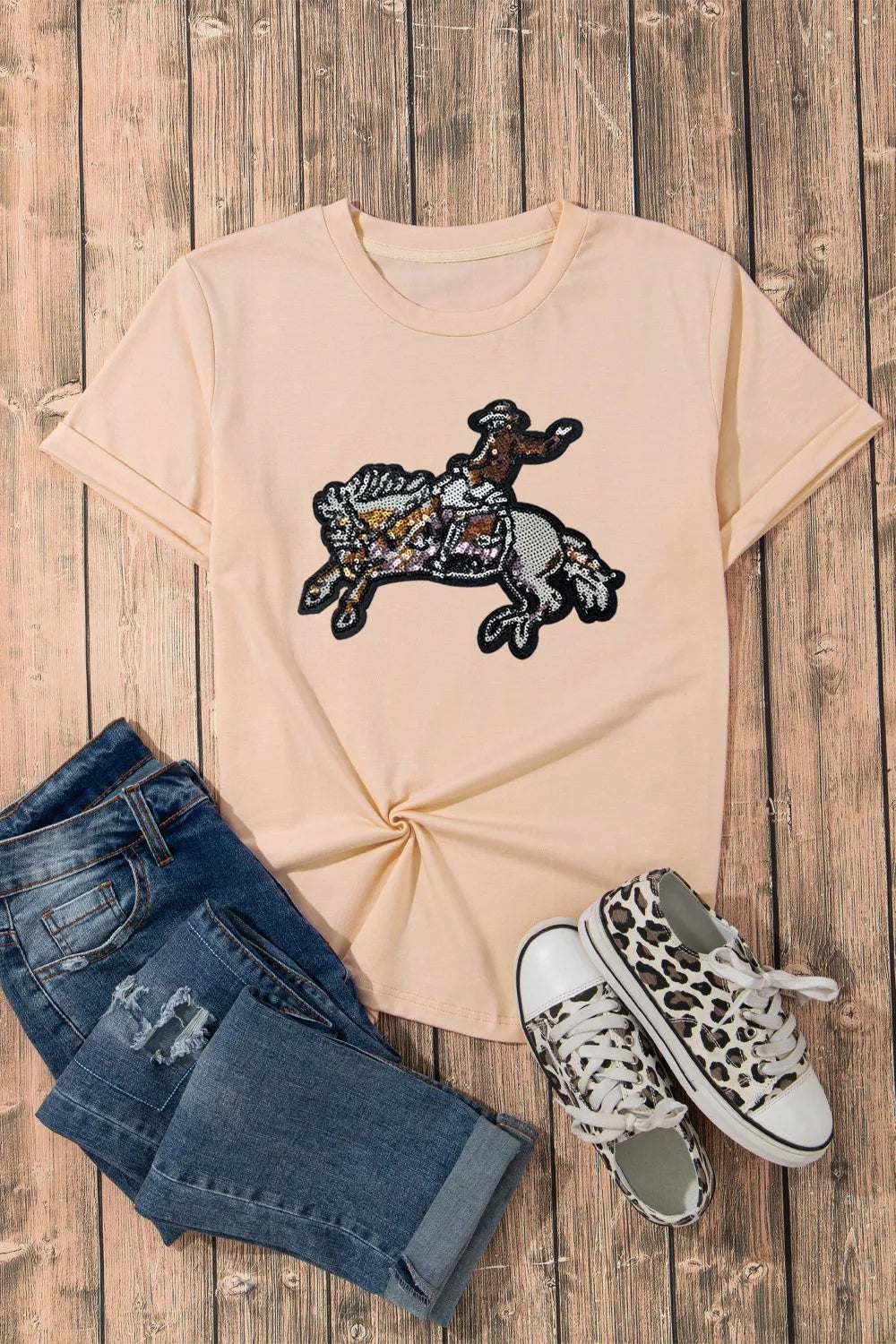 Sequin Rodeo Graphic Crewneck Tee - Velora Luxury Fashion