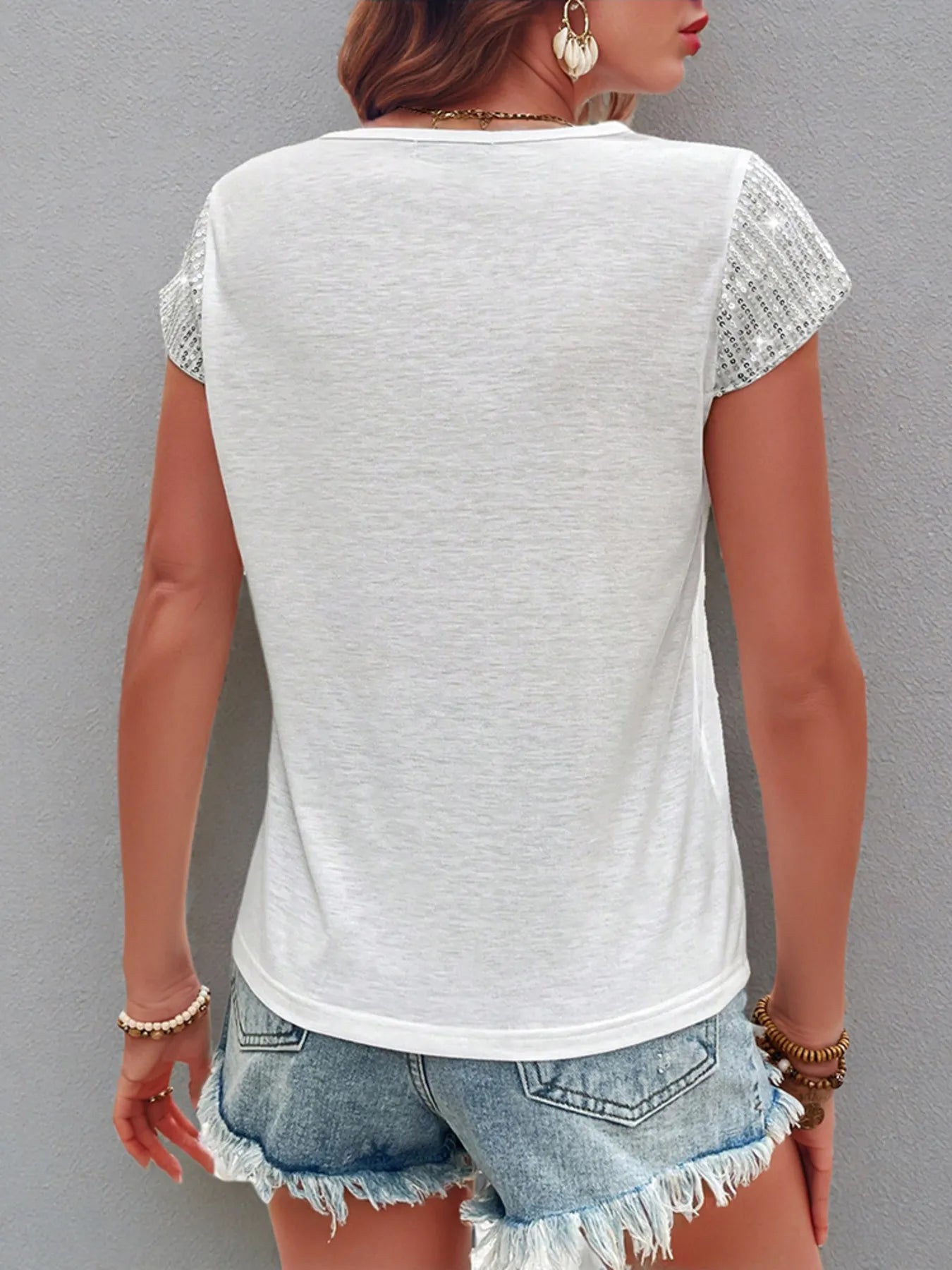 Sequin V-Neck Short Sleeve T-Shirt - Velora Luxury Fashion