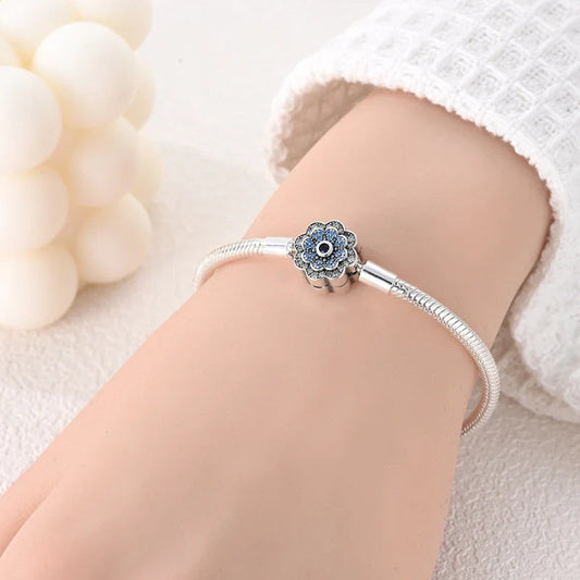 Radiant Blue Flower Clasp Sterling Silver Bracelet - Velora