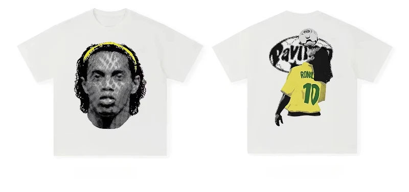 Ronaldinho Football Superstar Portrait Printed Cotton T-shirt Street Trendy Tide Brand Men Women Casual Short Sleeve Tshirt Velora