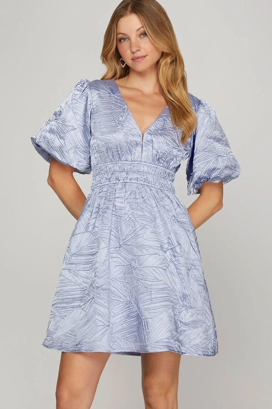 She + Sky Crinkle Woven V-Neck Balloon Sleeve Mini Dress - Velora Luxury Fashion