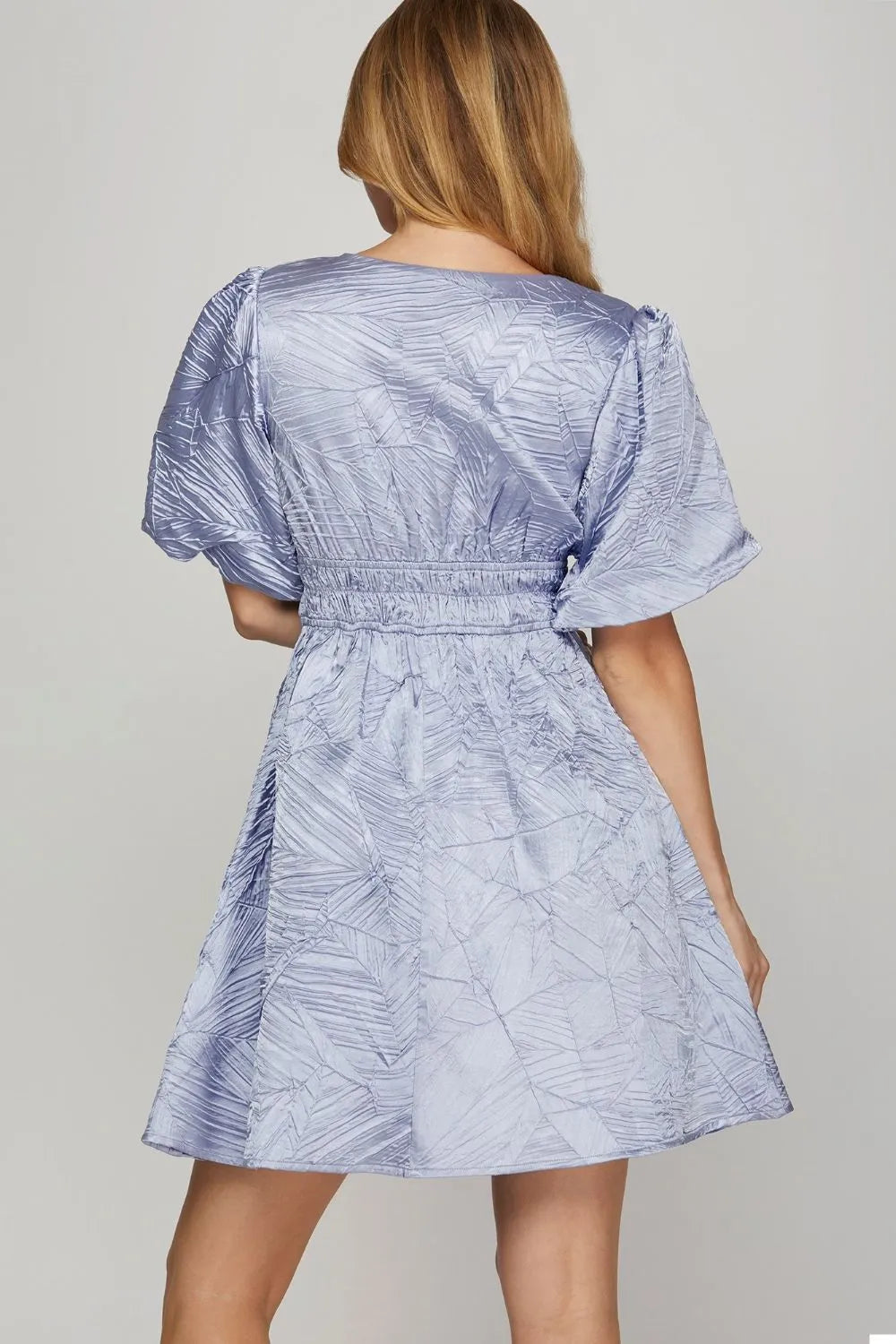 She + Sky Crinkle Woven V-Neck Balloon Sleeve Mini Dress - Velora Luxury Fashion