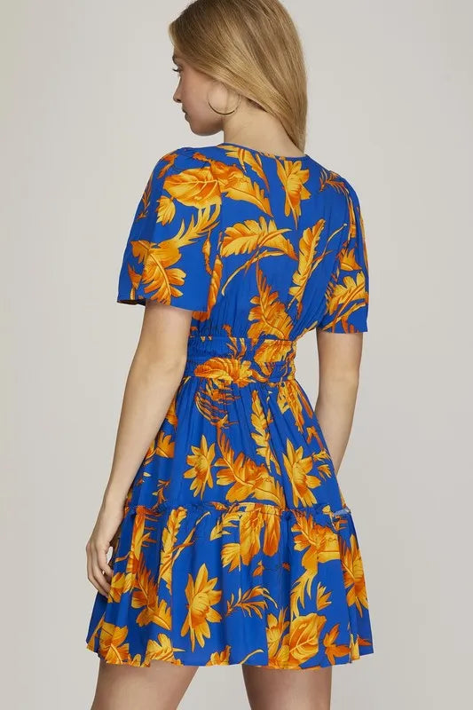 She + Sky Full Size Printed Notched Short Sleeve Frill Tiered Dress Plus Size - Velora Luxury Fashion