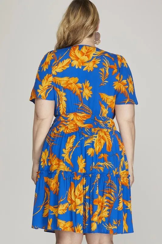 She + Sky Full Size Printed Notched Short Sleeve Frill Tiered Dress Plus Size - Velora Luxury Fashion