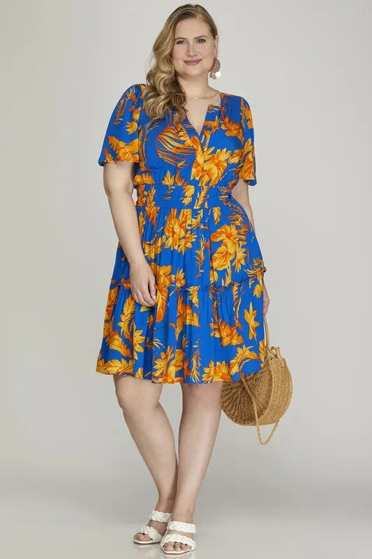 She + Sky Full Size Printed Notched Short Sleeve Frill Tiered Dress Plus Size - Velora Luxury Fashion
