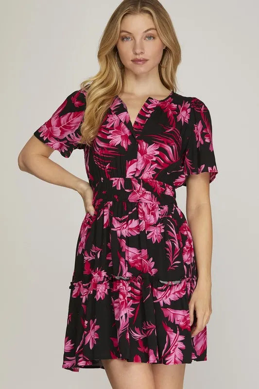 She + Sky Full Size Printed Notched Short Sleeve Frill Tiered Dress Plus Size - Velora Luxury Fashion