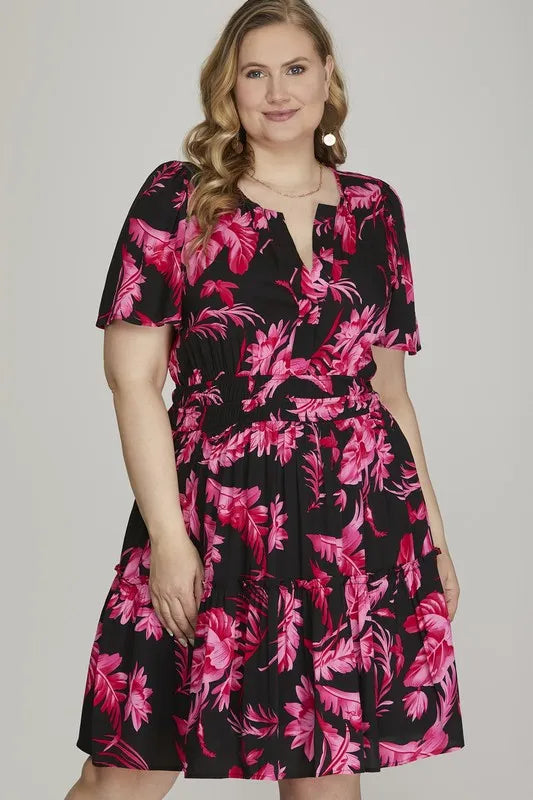 She + Sky Full Size Printed Notched Short Sleeve Frill Tiered Dress Plus Size - Velora Luxury Fashion