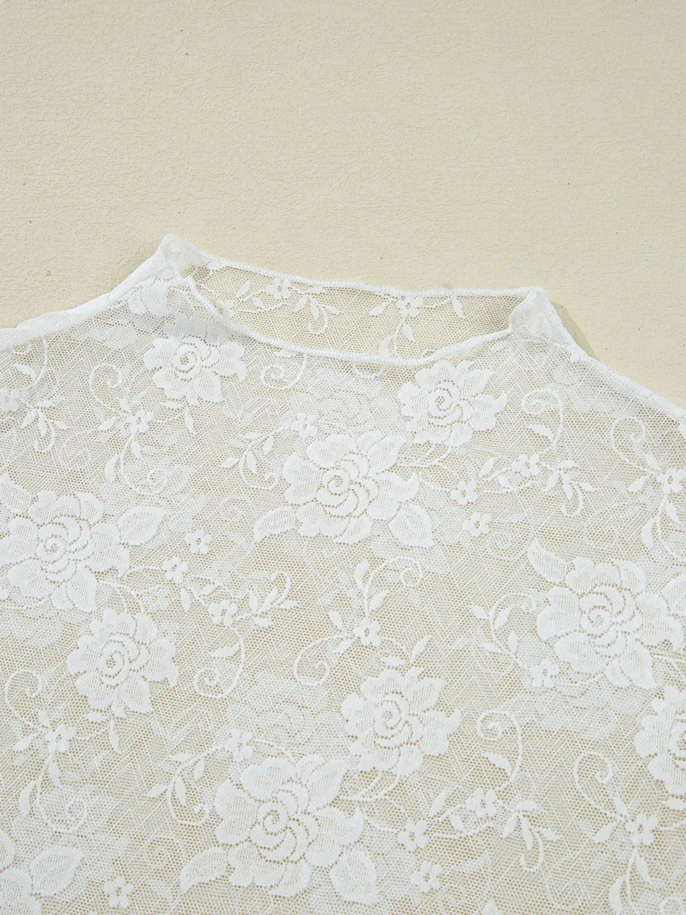 Sheer Floral Lace Mesh Mock Neck Long Sleeve Top - Velora Luxury Fashion