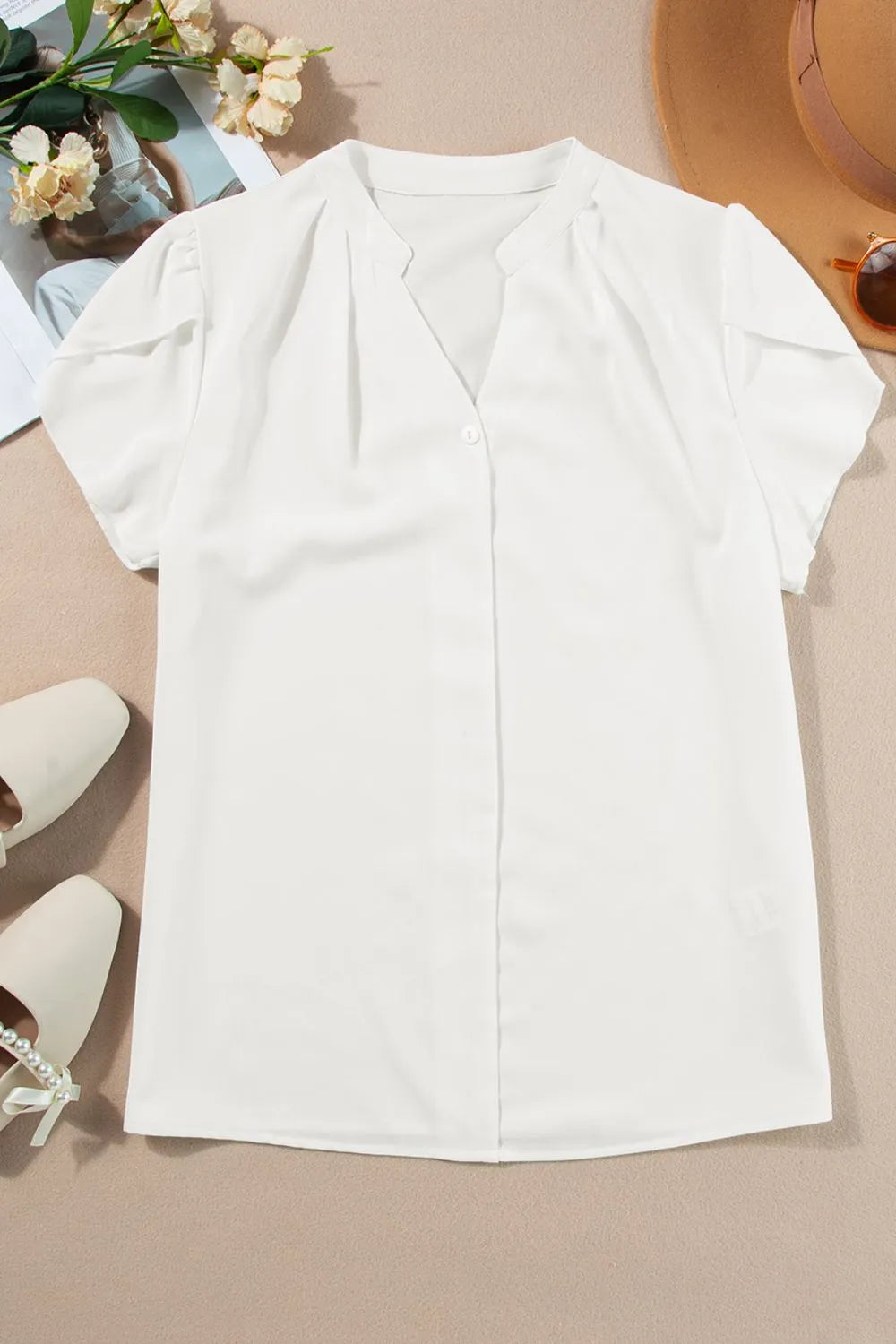 Short Sleeve Notched Blouse - Velora Luxury Fashion