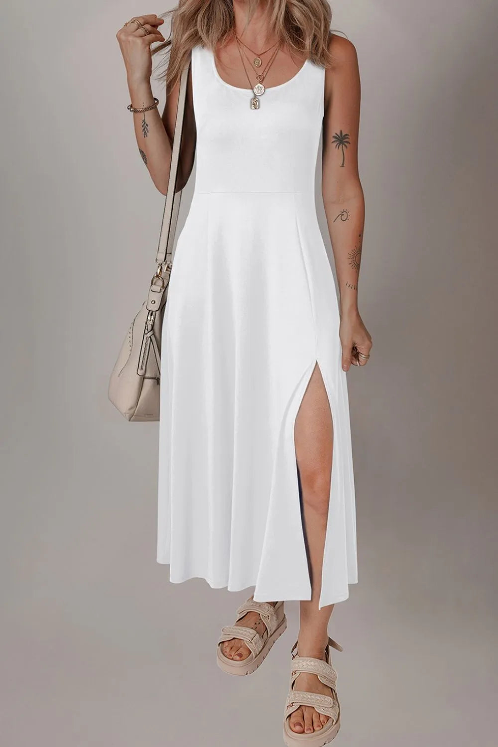 Side Slit Scoop Neck Wide Strap Dress - Velora Luxury Fashion