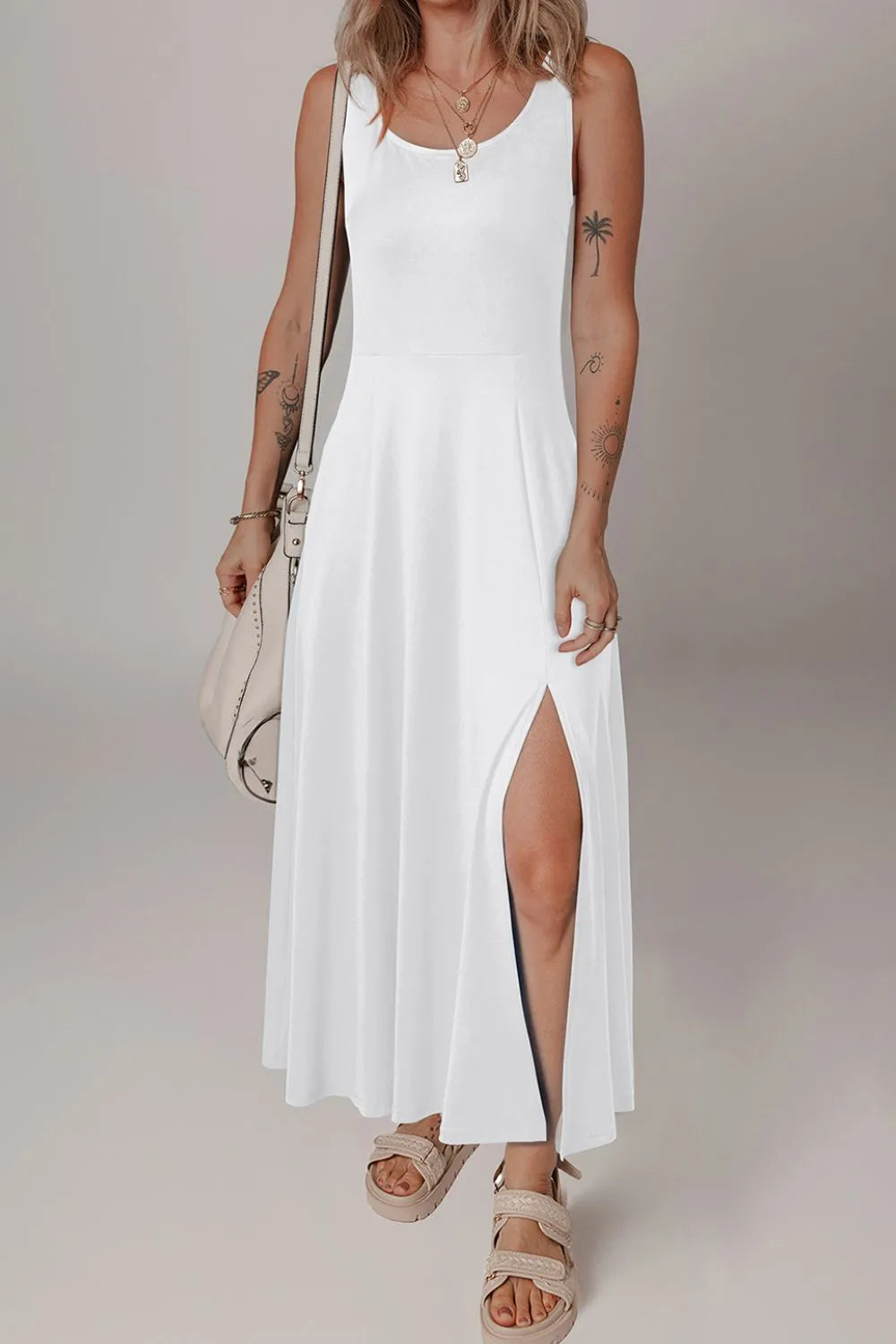 Side Slit Scoop Neck Wide Strap Dress - Velora Luxury Fashion