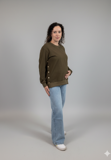 Sienna Maternity and Nursing Crewneck Sweatshirt -Adjustable Side Buttons - Velora Luxury Fashion