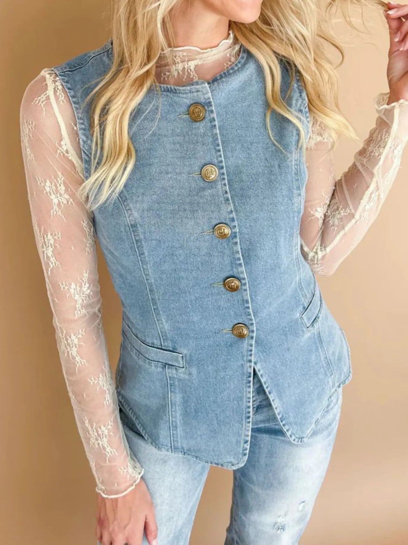 Sleeveless Button-Front Denim Vest - Velora Luxury Fashion