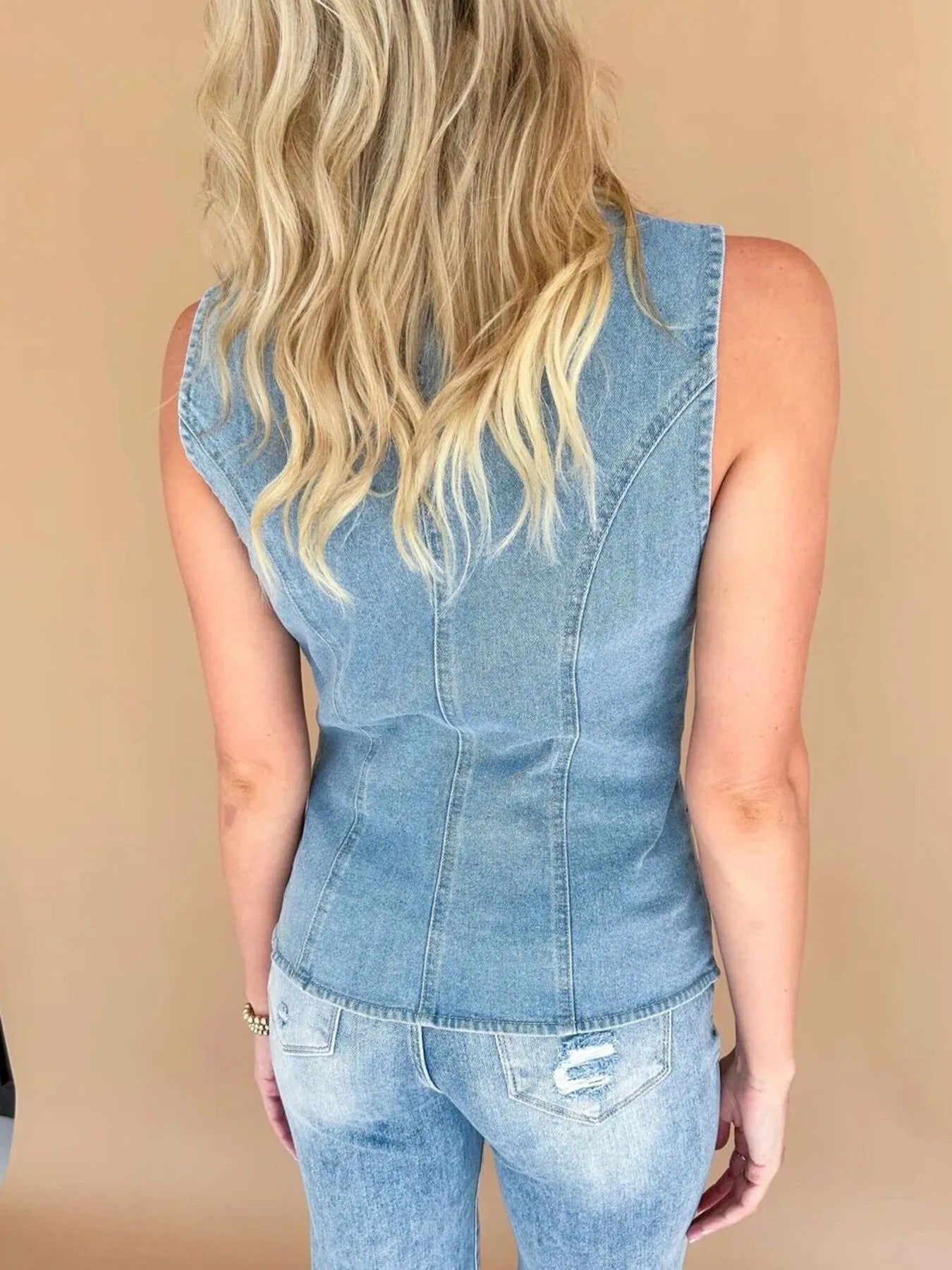 Sleeveless Button-Front Denim Vest - Velora Luxury Fashion