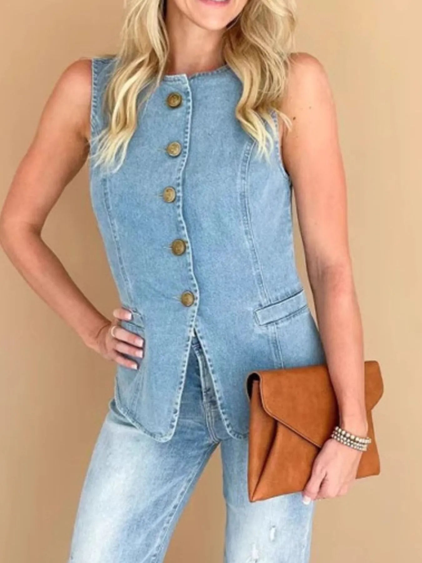 Sleeveless Button-Front Denim Vest - Velora Luxury Fashion