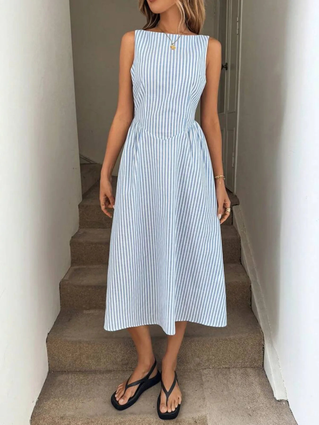 Sleeveless Striped Midi Dress - Velora Luxury Fashion