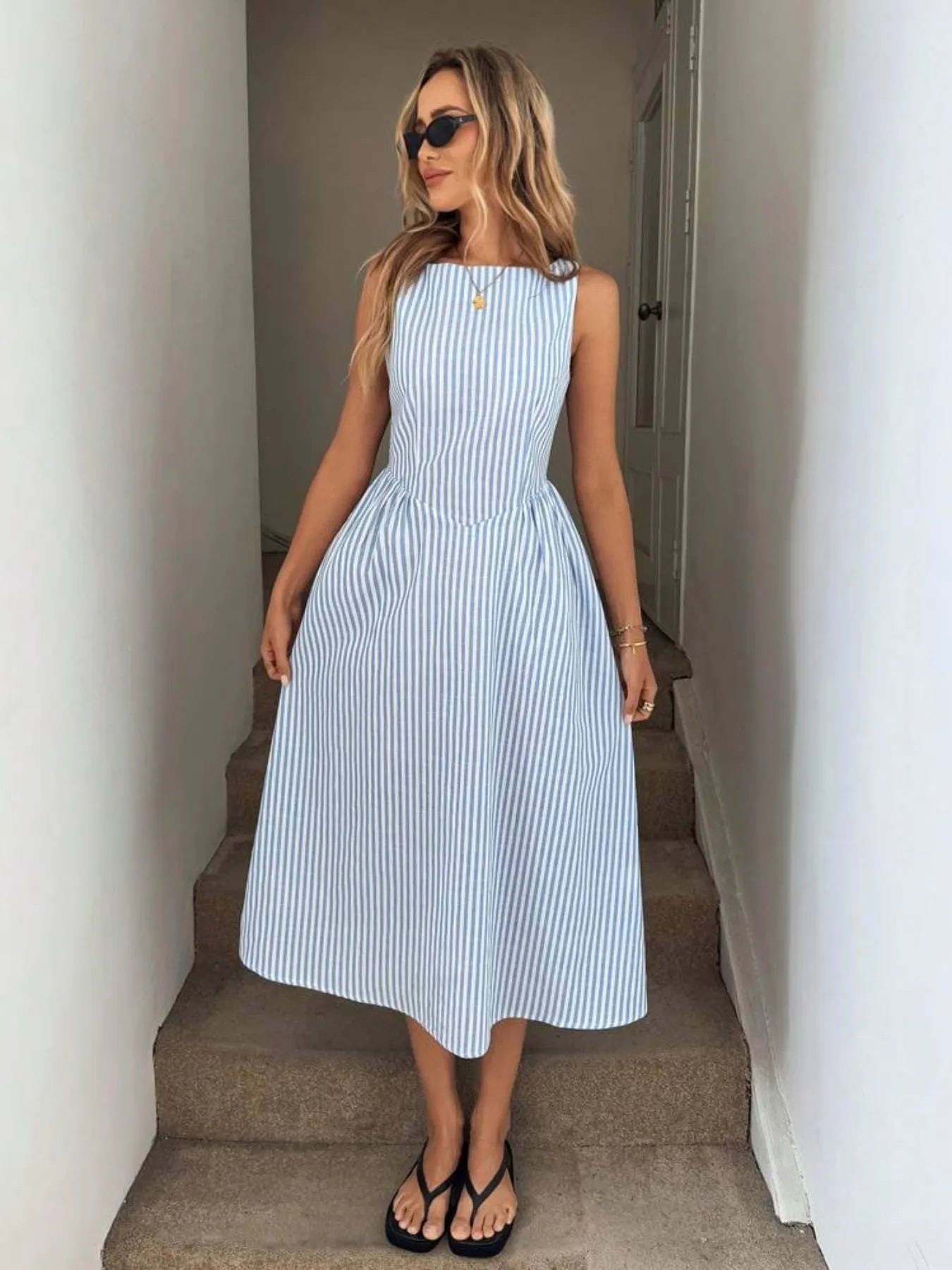 Sleeveless Striped Midi Dress - Velora Luxury Fashion