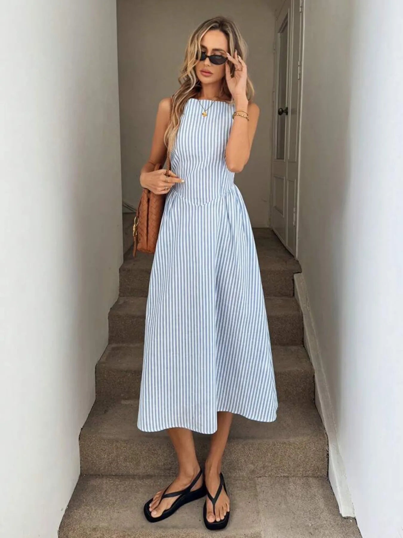 Sleeveless Striped Midi Dress - Velora Luxury Fashion