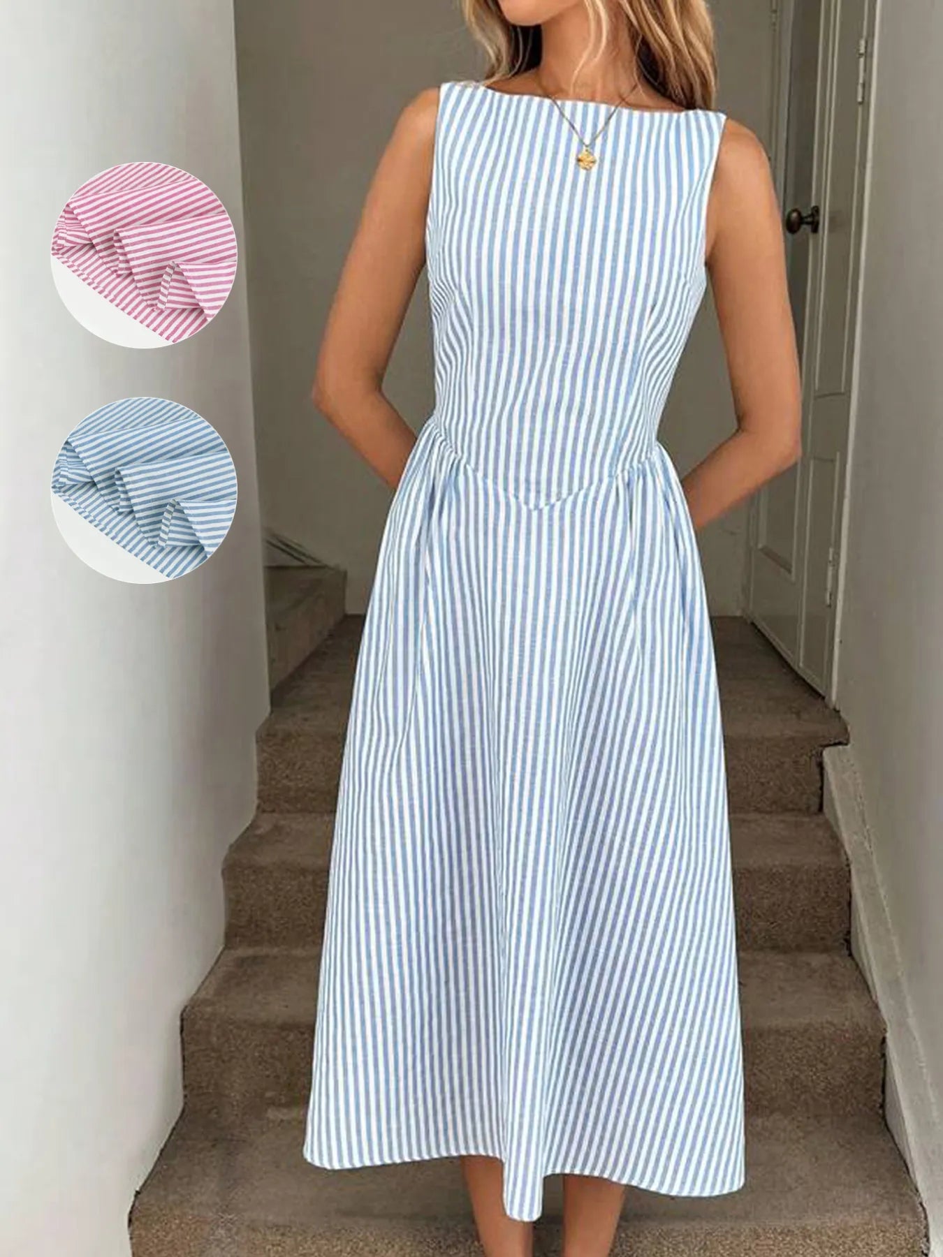 Sleeveless Striped Midi Dress - Velora Luxury Fashion