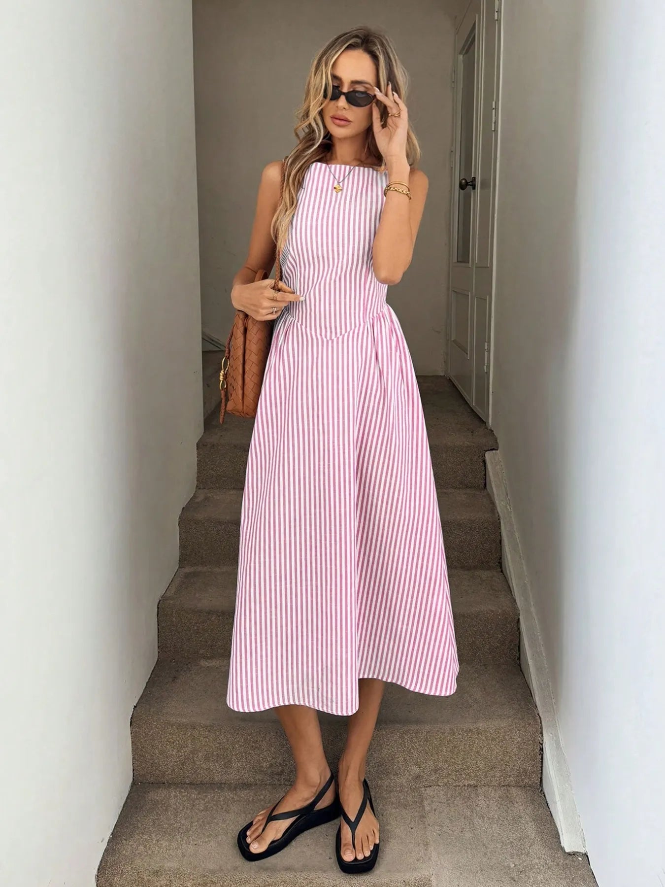 Sleeveless Striped Midi Dress - Velora Luxury Fashion