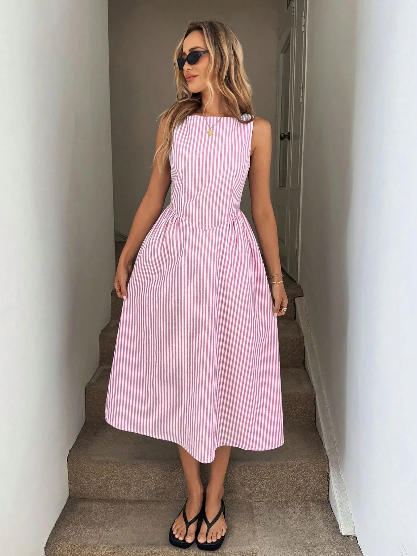 Sleeveless Striped Midi Dress - Velora Luxury Fashion