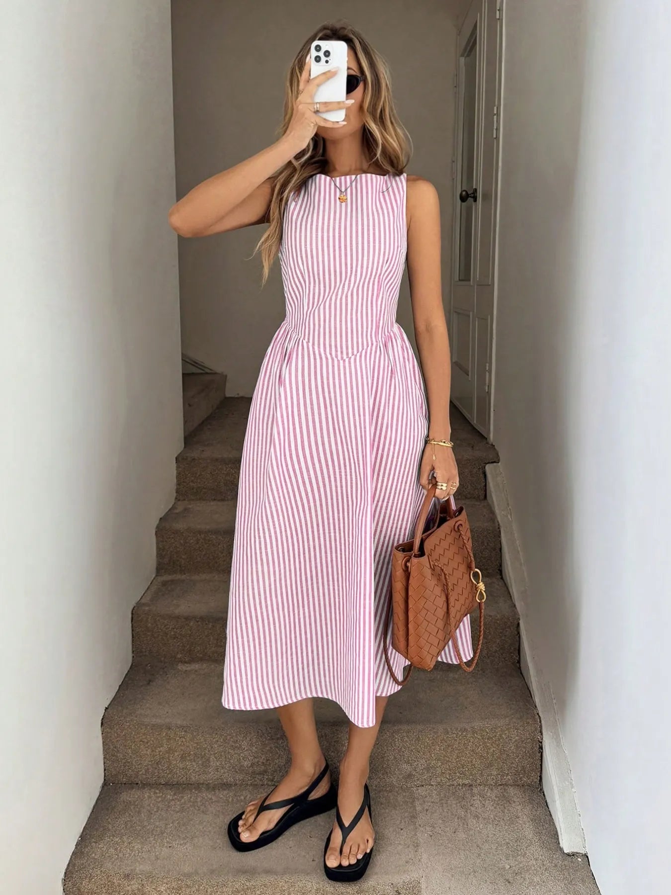 Sleeveless Striped Midi Dress - Velora Luxury Fashion