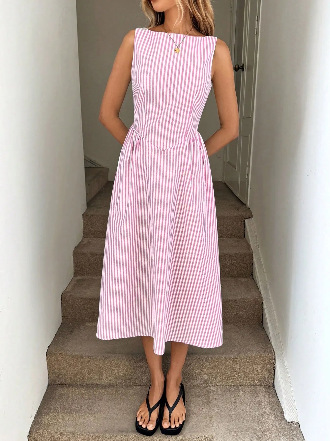 Sleeveless Striped Midi Dress - Velora Luxury Fashion