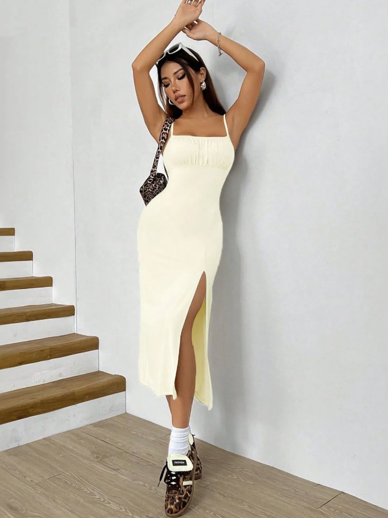 Slit Bodice Midi Cami Dress - Velora Luxury Fashion