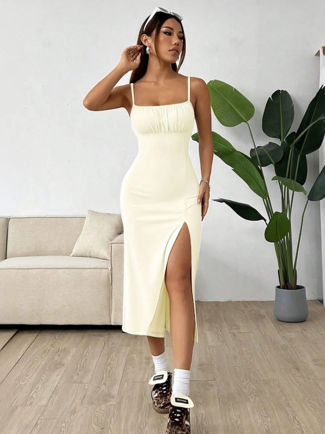 Slit Bodice Midi Cami Dress - Velora Luxury Fashion