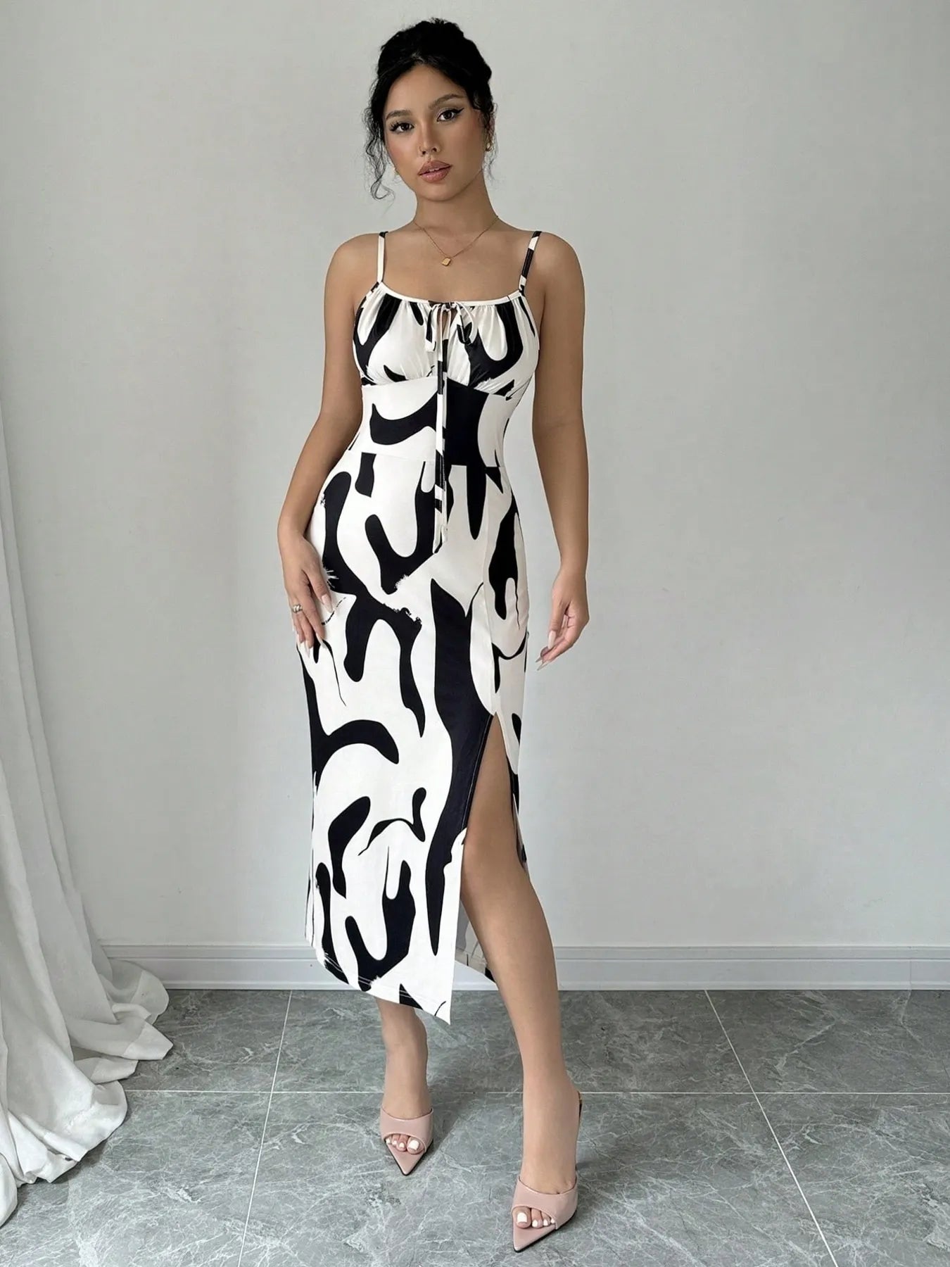 Slit Cow Print Spaghetti Strap Midi Dress - Velora Luxury Fashion