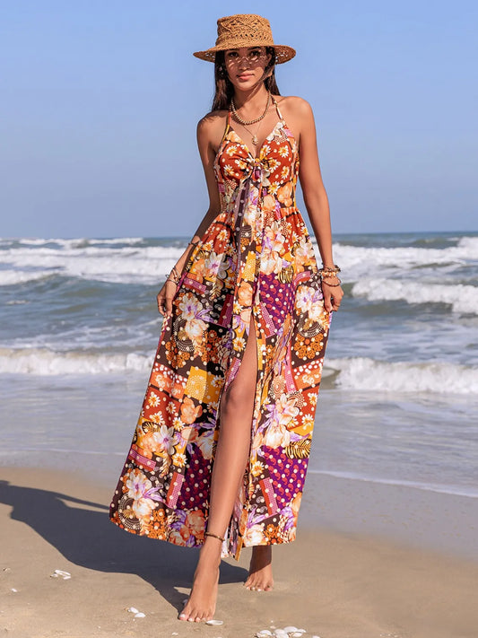 Slit Printed Halter Neck Cami Dress - Velora Luxury Fashion