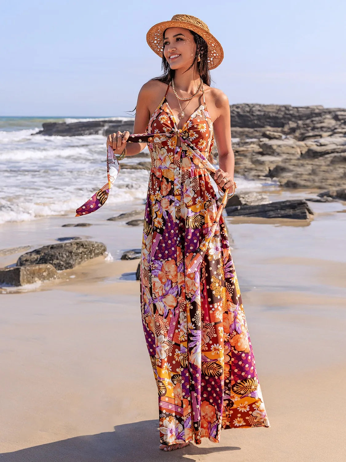 Slit Printed Halter Neck Cami Dress - Velora Luxury Fashion