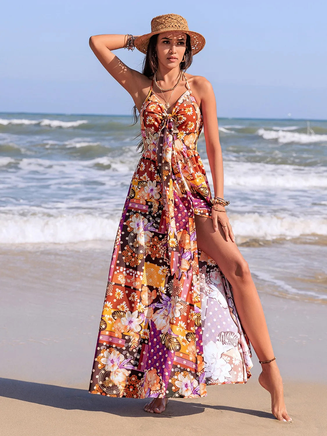 Slit Printed Halter Neck Cami Dress - Velora Luxury Fashion