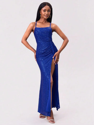 Slit Sequin Square Neck Spaghetti Strap Dress - Velora Luxury Fashion