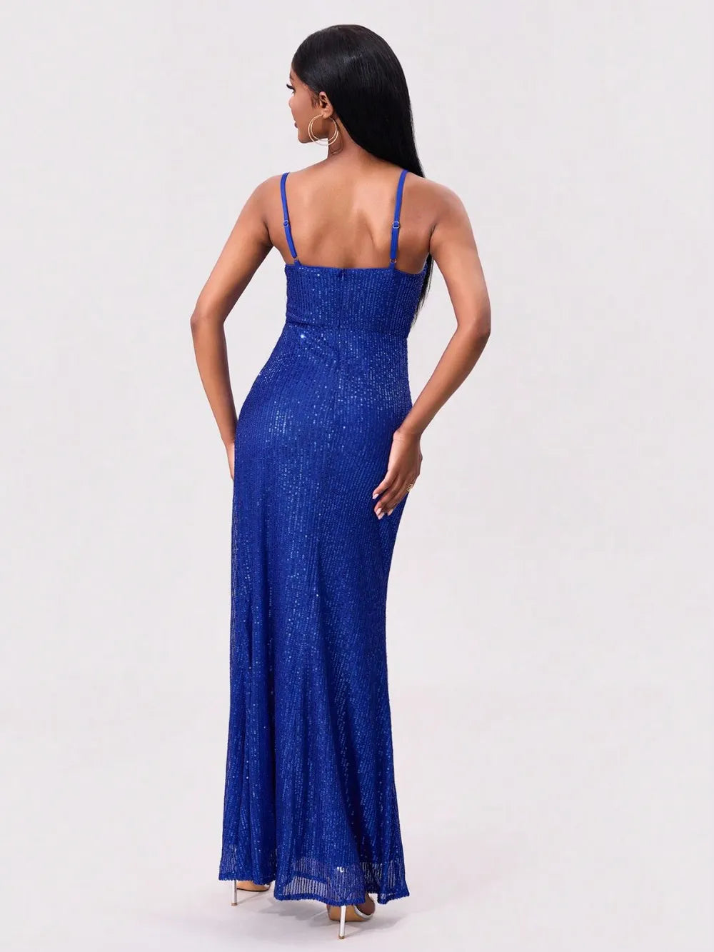 Slit Sequin Square Neck Spaghetti Strap Dress - Velora Luxury Fashion