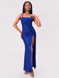 Slit Sequin Square Neck Spaghetti Strap Dress - Velora Luxury Fashion