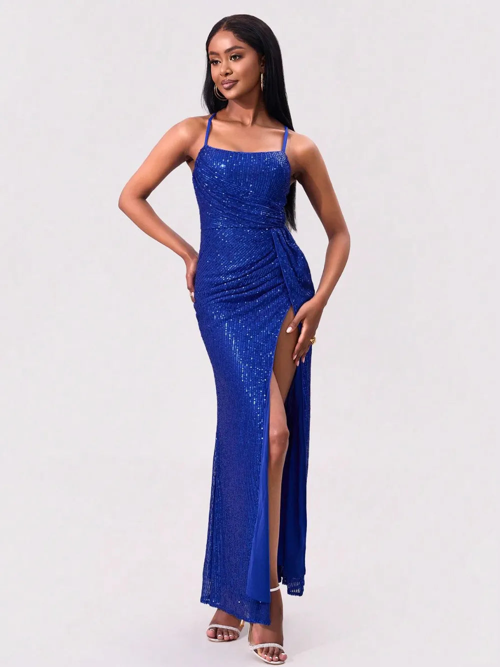 Slit Sequin Square Neck Spaghetti Strap Dress - Velora Luxury Fashion