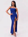 Slit Sequin Square Neck Spaghetti Strap Dress - Velora Luxury Fashion