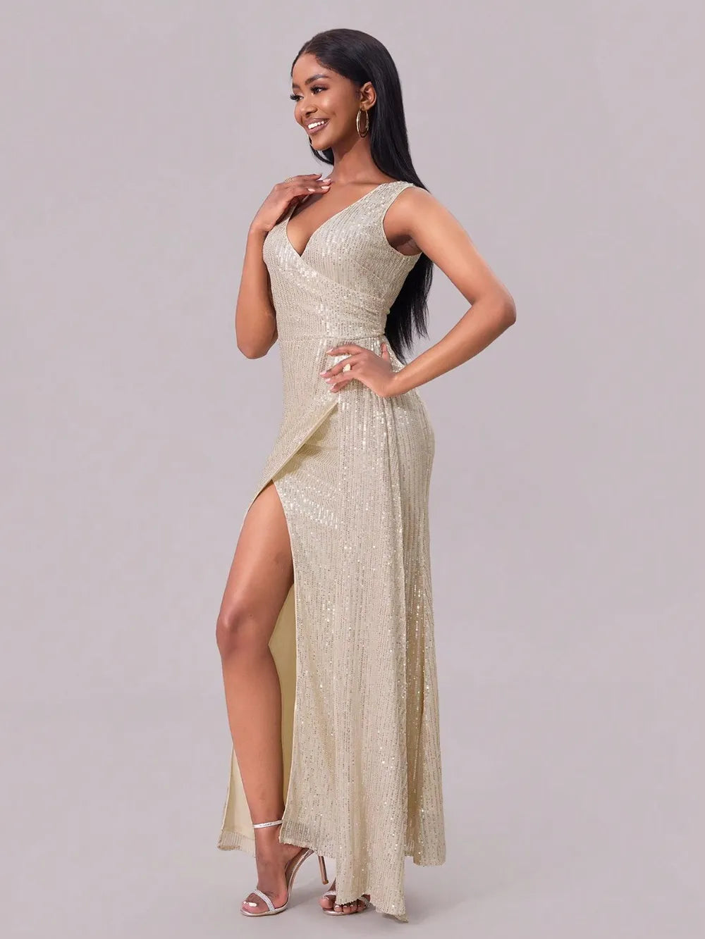 Slit Sequin Surplice Sleeveless Maxi Dress - Velora Luxury Fashion