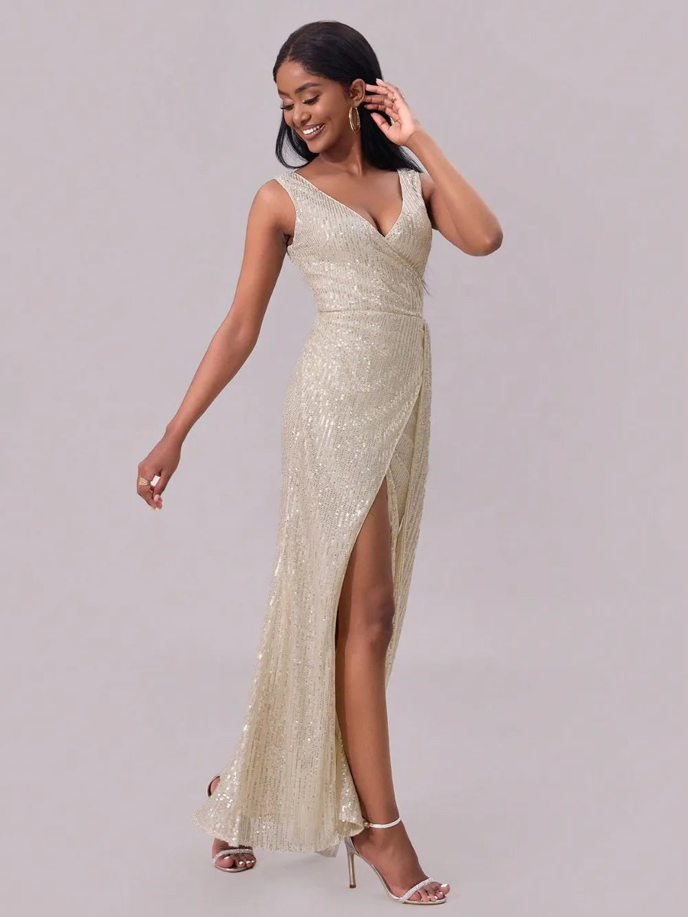 Slit Sequin Surplice Sleeveless Maxi Dress - Velora Luxury Fashion